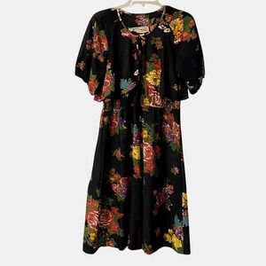 Vintage Young Edwardian by Arpeja Black Floral Maxi Dress Flutter Sleeve Size Md